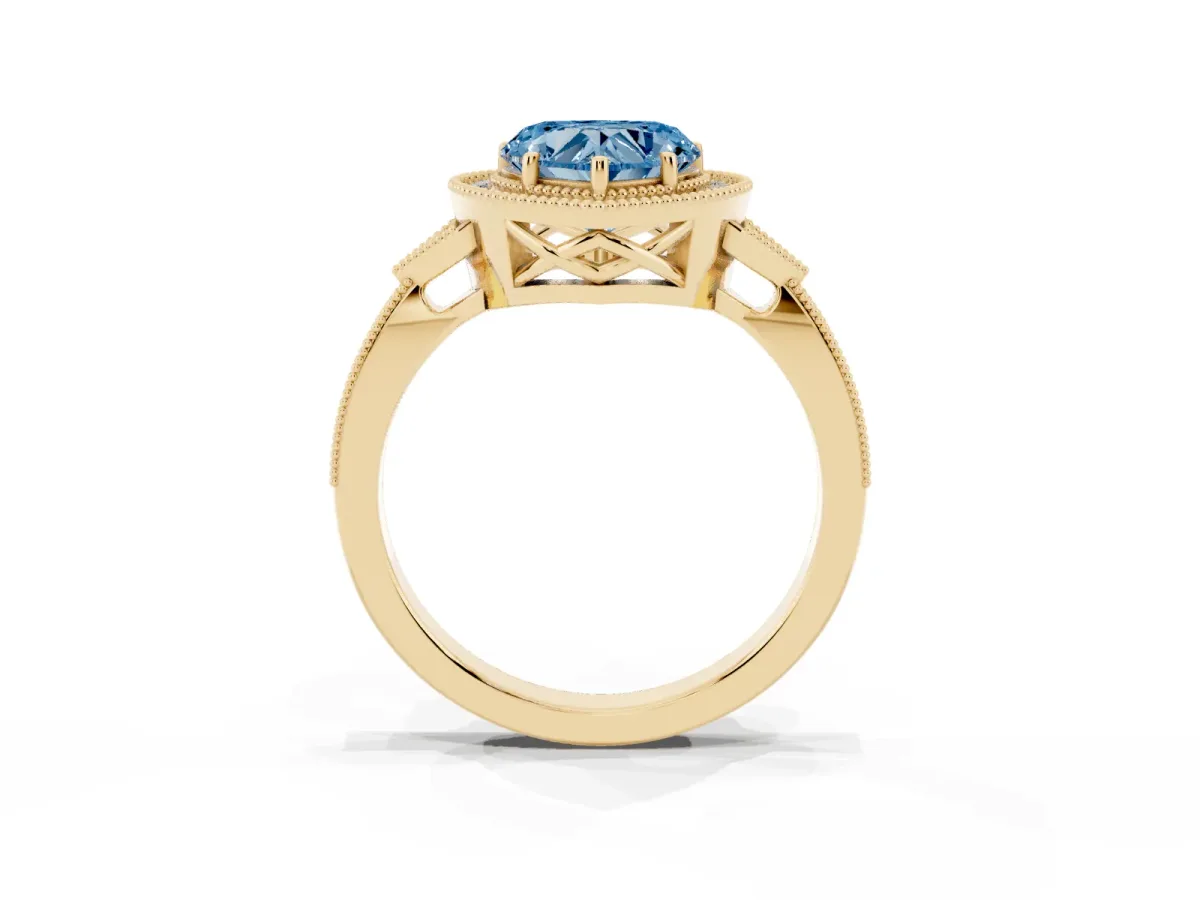 Fancy Blue Heart Cut Halo Round Diamond Milgrain Pave Engagement Ring Yellow gold
