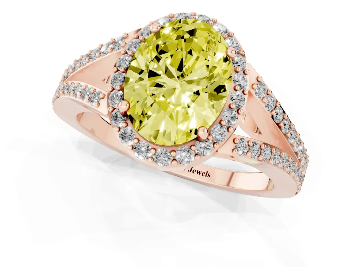 Fancy Yellow Oval Cut Halo Split Shank Diamond Ring with Prong Setting Rose gold