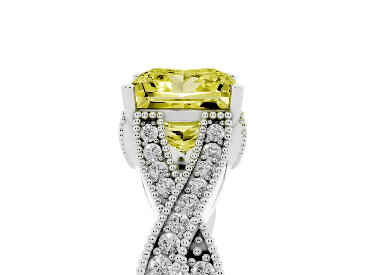 Fancy Yellow Princess Cut Cut Diamond Twisted Band with Milgrain Pave Setting and Four-Prong Setting Silver