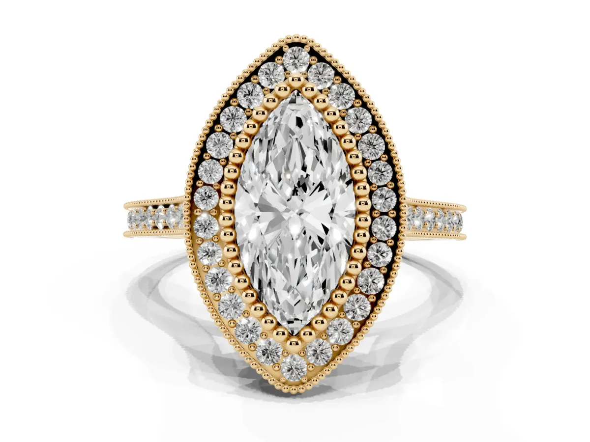 Marquise Cut Diamond Halo Ring with Milgrain Frame and Pavé Band Yellow gold