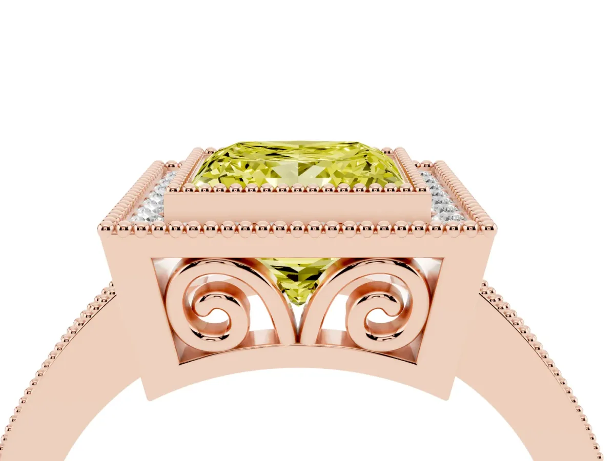 Fancy Yellow Princess Cut Cut Halo Diamond Ring with Pavé Band and Milgrain Prong Setting Rose gold