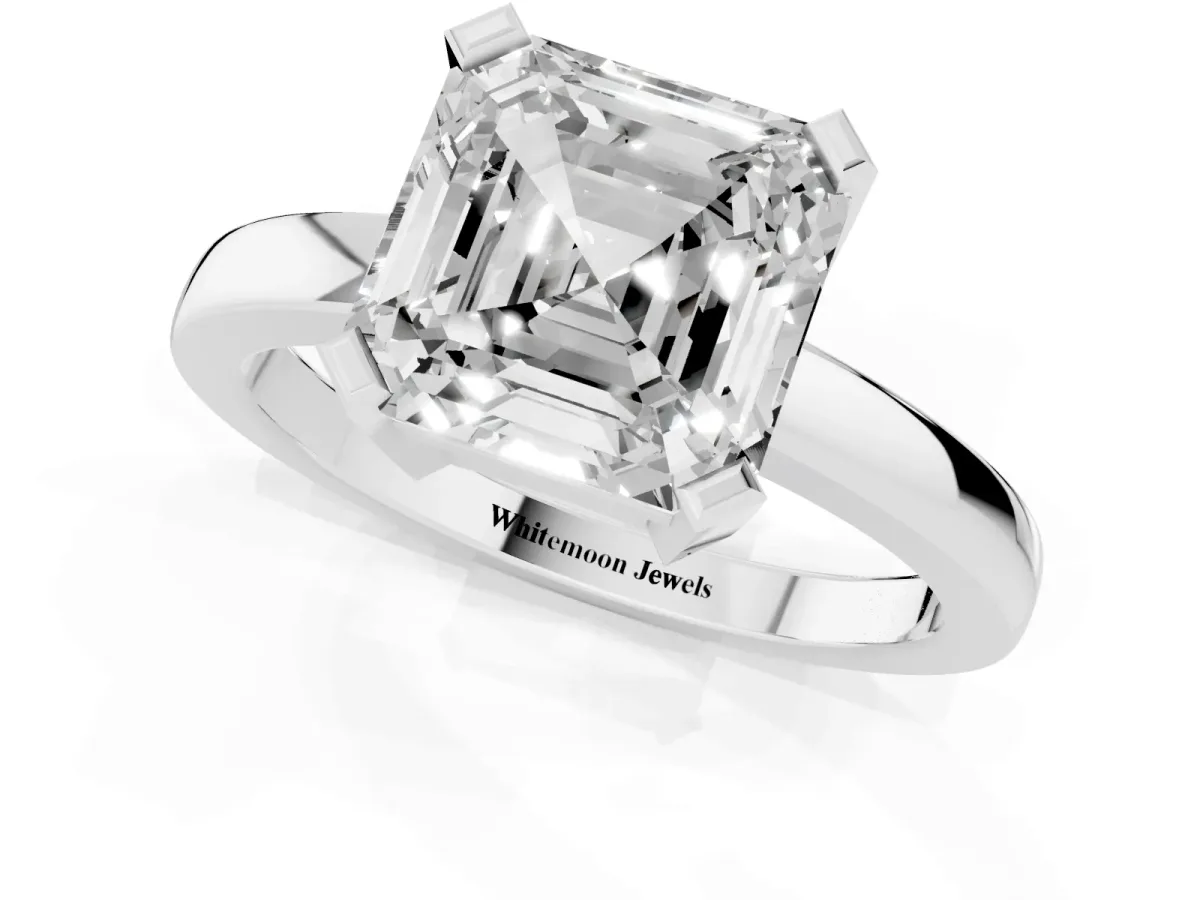 Asscher Cut Cut Solitaire Ring with Four-Prong Setting and Classic Band Silver