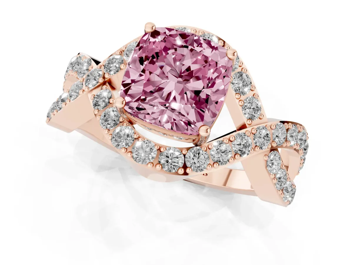 Fancy Pink Cushion Cut Solitaire Twist Band Pavé Diamond Engagement Ring Rose gold