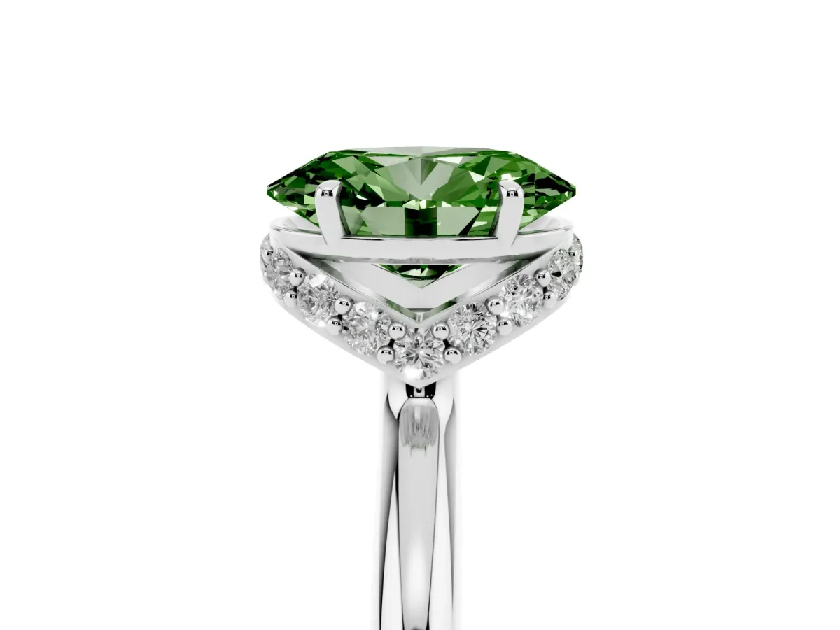 Fancy Green Oval Cut Brilliant Solitaire Engagement Ring with Six-Prong Setting and Classic Band Silver