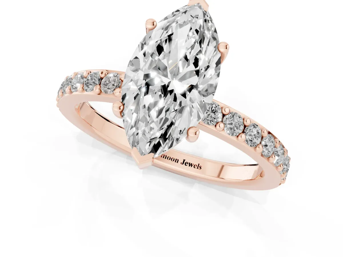 Marquise Cut Cut Diamond Solitaire with Pave Band and Four-Prong Setting Rose gold