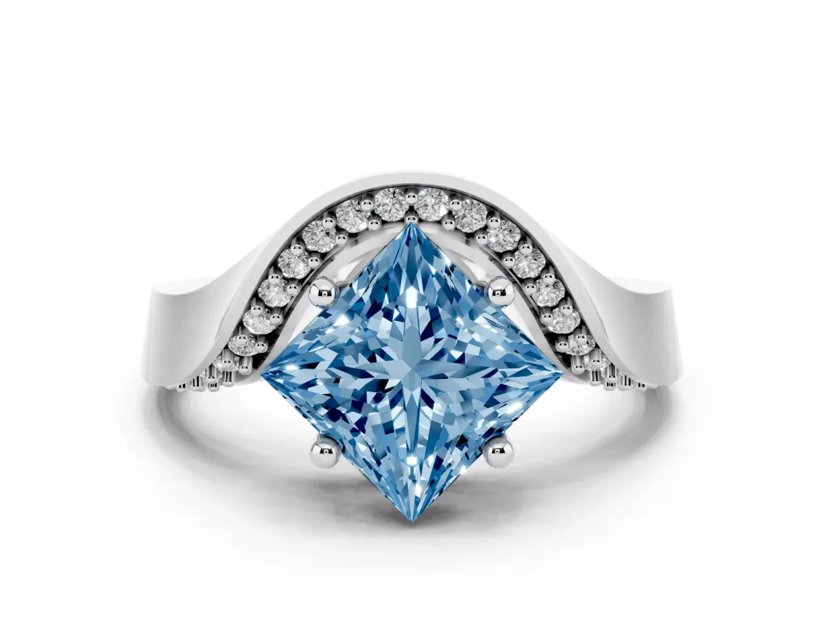 Fancy Blue Princess Cut Solitaire Diamond Engagement Ring with Pave Band and Four-Prong Setting Silver