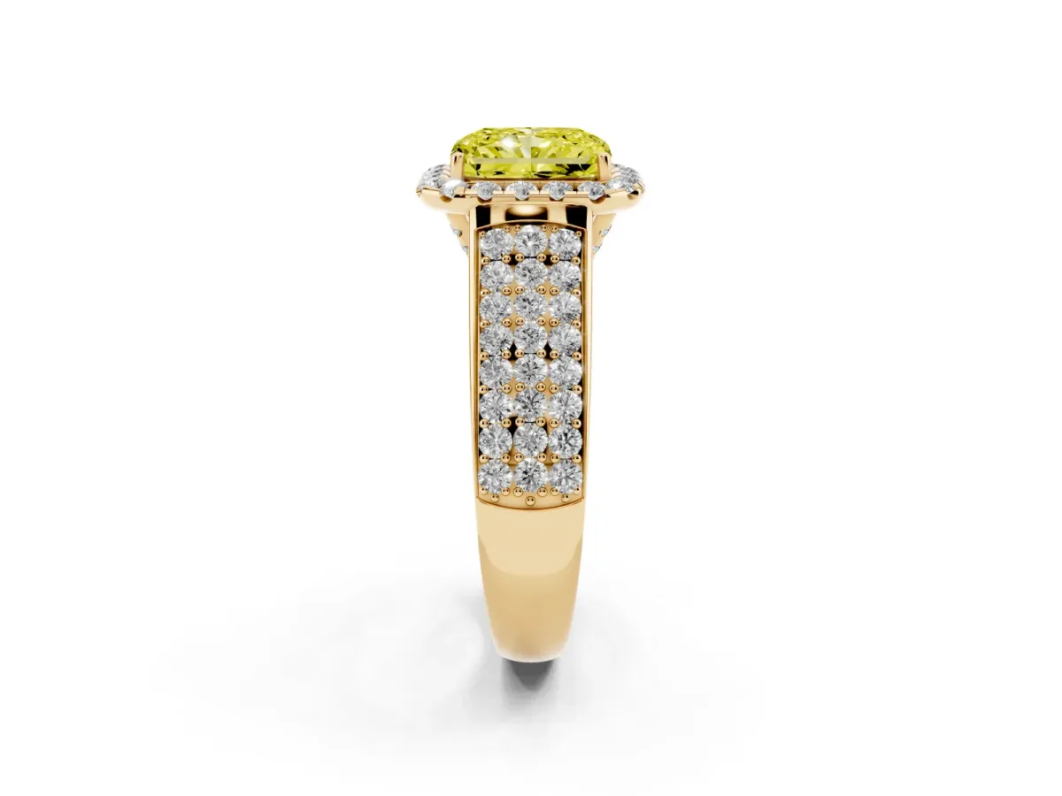 Fancy Yellow Radiant Cut Halo Round Diamond Pave Band with Prong Setting Yellow gold