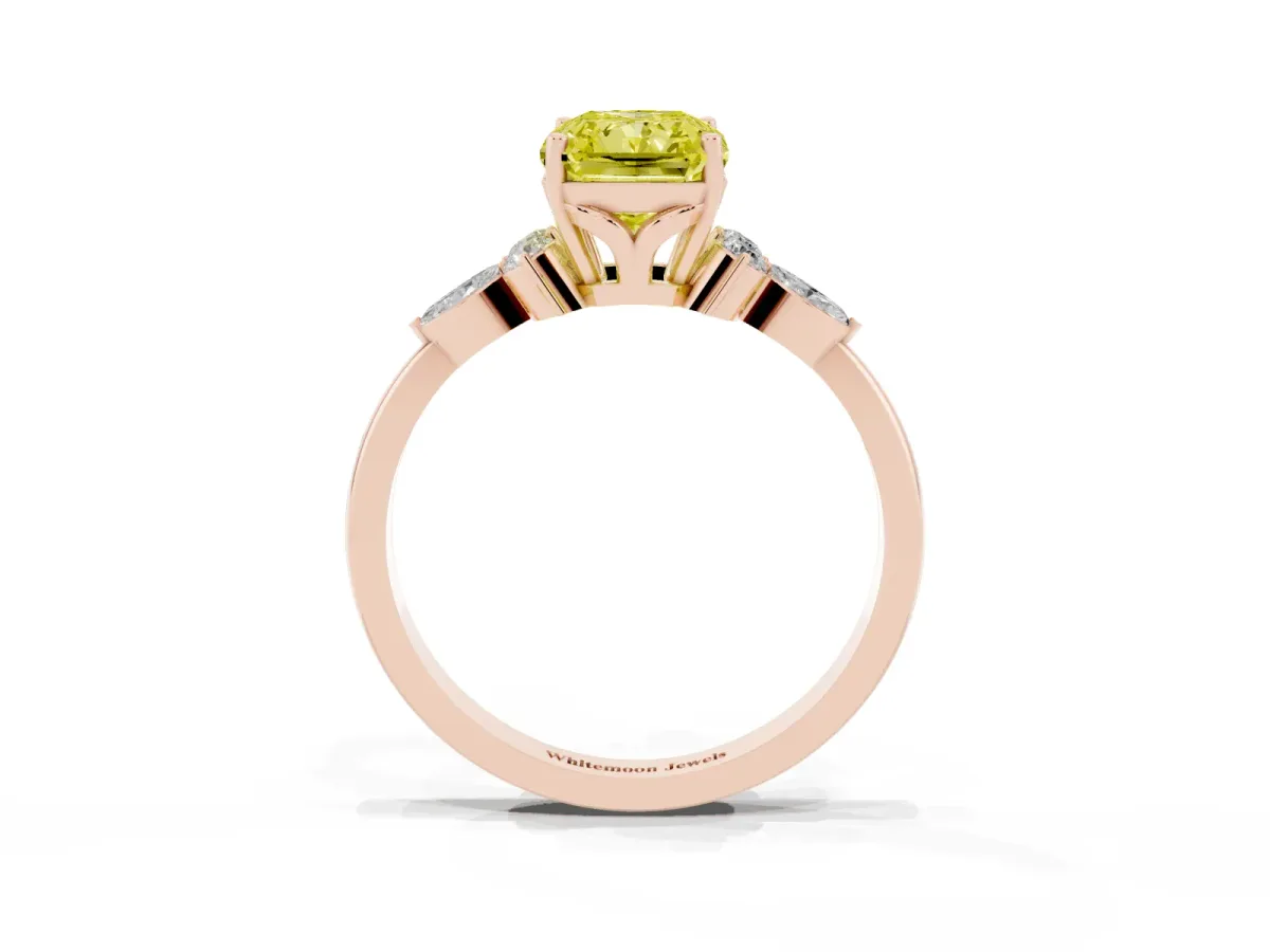 Fancy Yellow Radiant Cut Brilliant Diamond Solitaire Ring with Pear Side Stones and Four-Prong Setting Rose gold