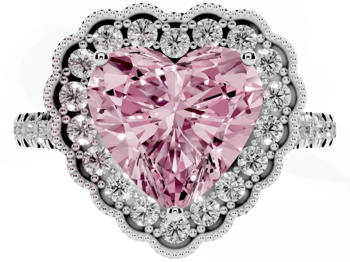 Fancy Pink Heart Cut Cut Diamond Milgrain Floral Halo Engagement Ring with Pavé Band White gold