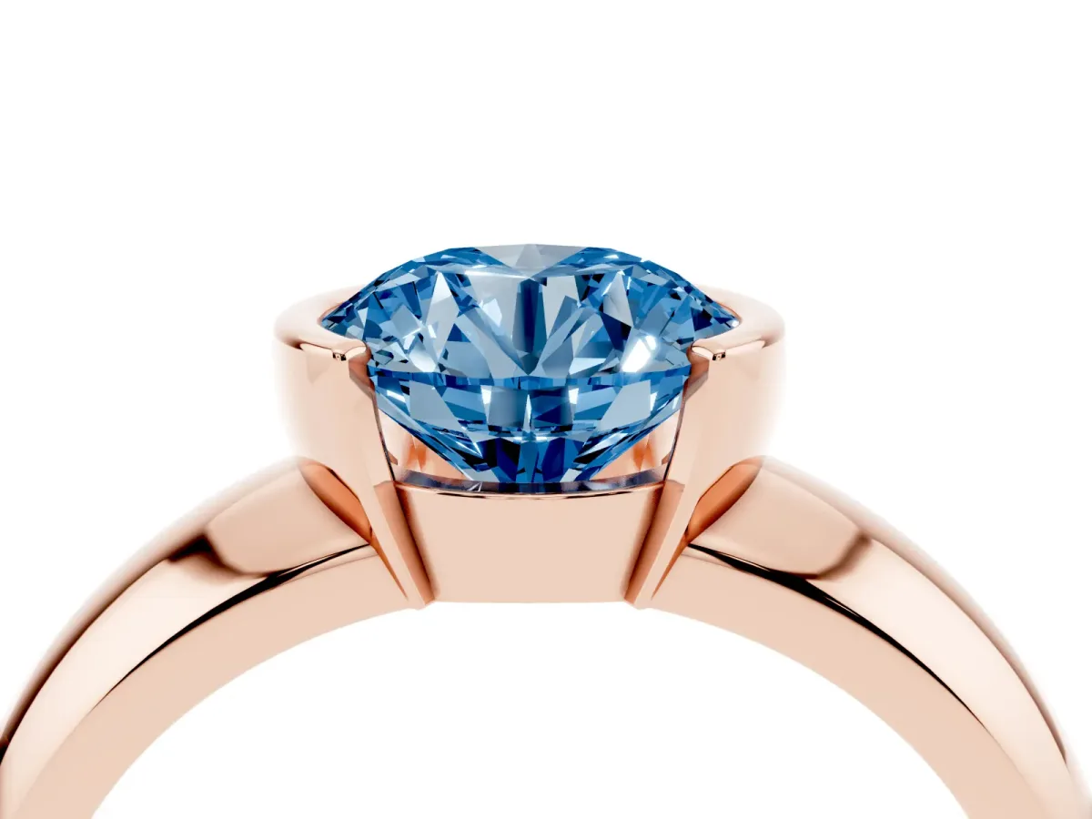 Fancy Blue Round Cut Solitaire Tension Set Diamond Ring with Wide Band Rose gold