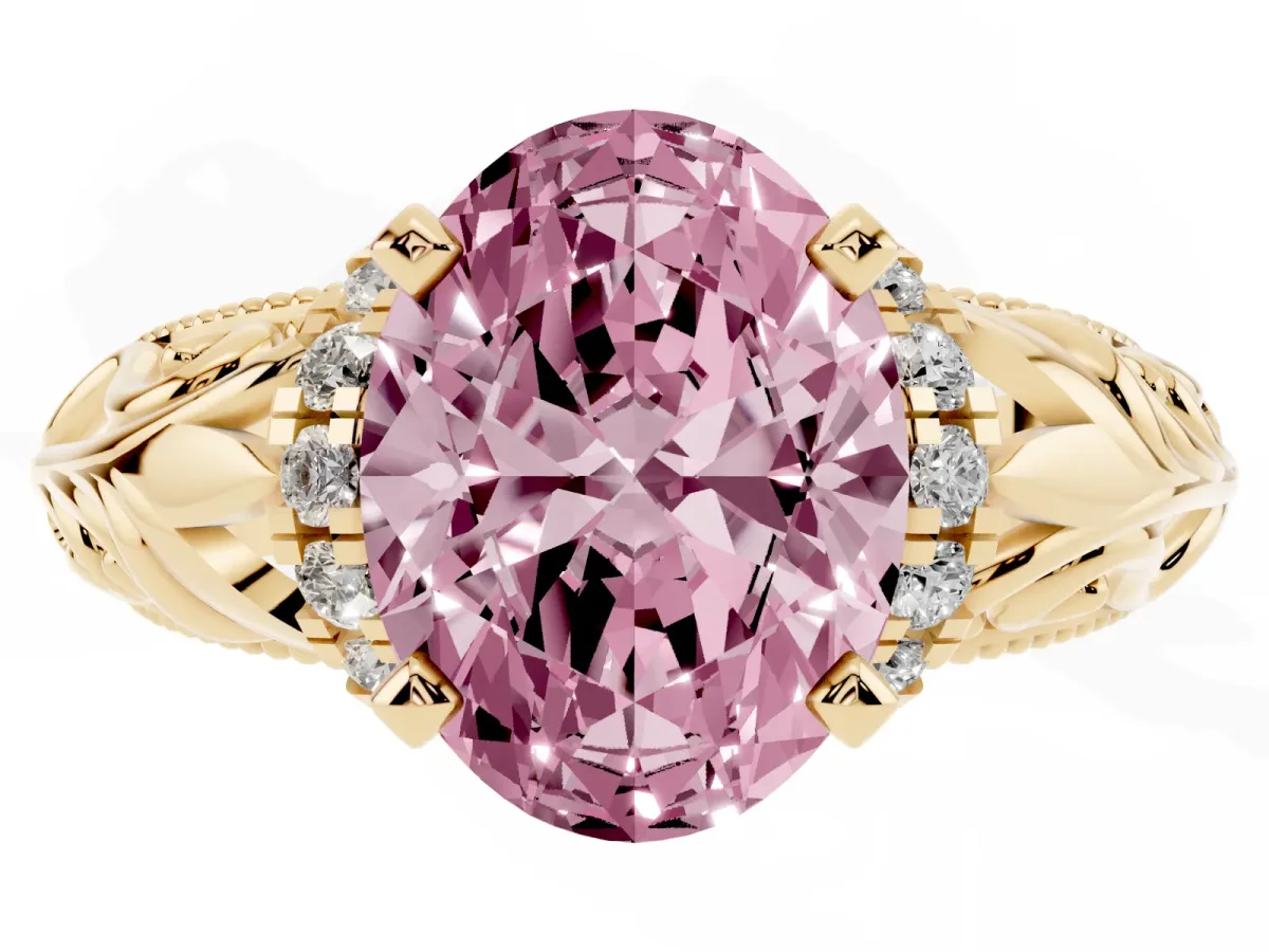 Fancy Pink Oval Cut Solitaire Filigree Engagement Ring with Halo and Prong Setting Yellow gold