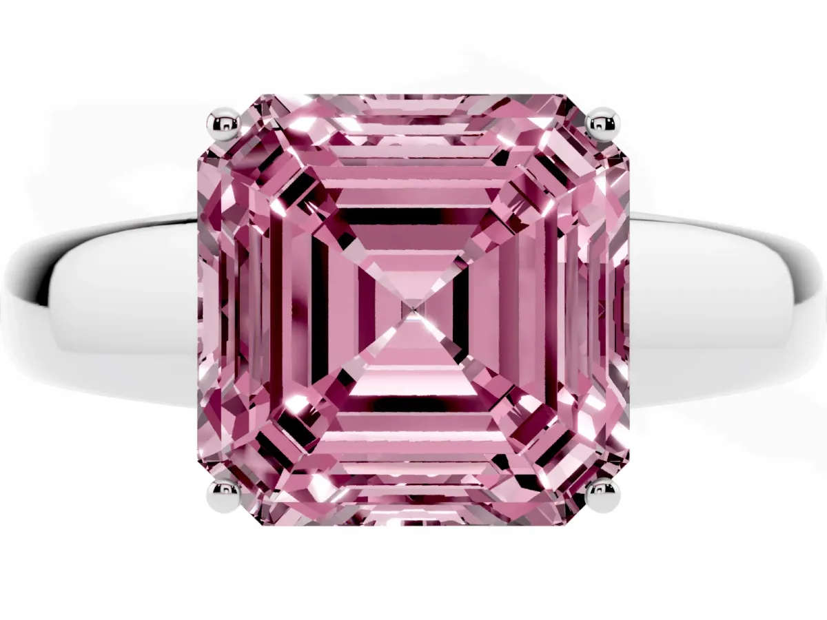 Fancy Pink Asscher Cut Solitaire Diamond Ring with Tapered Band and Four-Prong Setting Silver