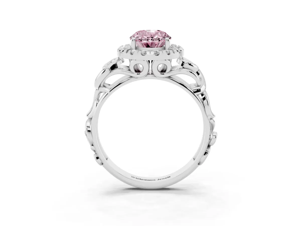Fancy Pink Oval Cut Cut Halo Diamond Ring with Scrollwork Band and Four-Prong Setting Platinum
