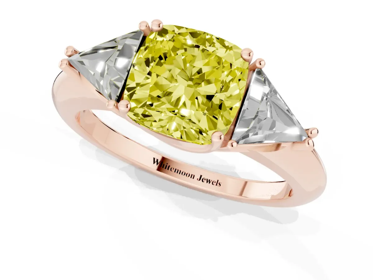 Fancy Yellow Three-Stone Cushion Cut Diamond Engagement Ring with Trillion Side Stones and Prong Setting Rose gold