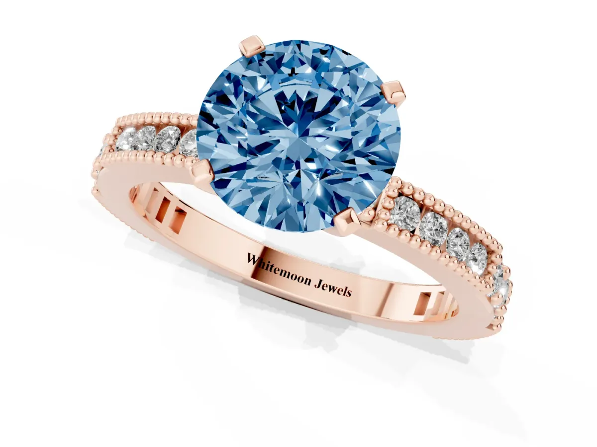 Fancy Blue Round Cut Solitaire with Pavé Band and Four-Prong Setting Rose gold