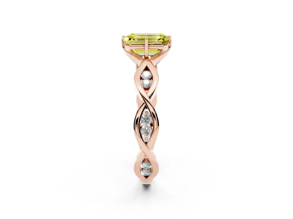 Fancy Yellow Emerald Cut Solitaire Twist Band with Leaf Prong Setting Rose gold