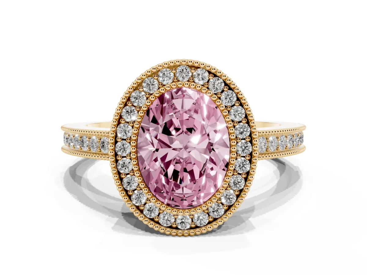 Fancy Pink Oval Cut Cut Halo Diamond Ring with Pavé Band and Milgrain Prong Setting Yellow gold