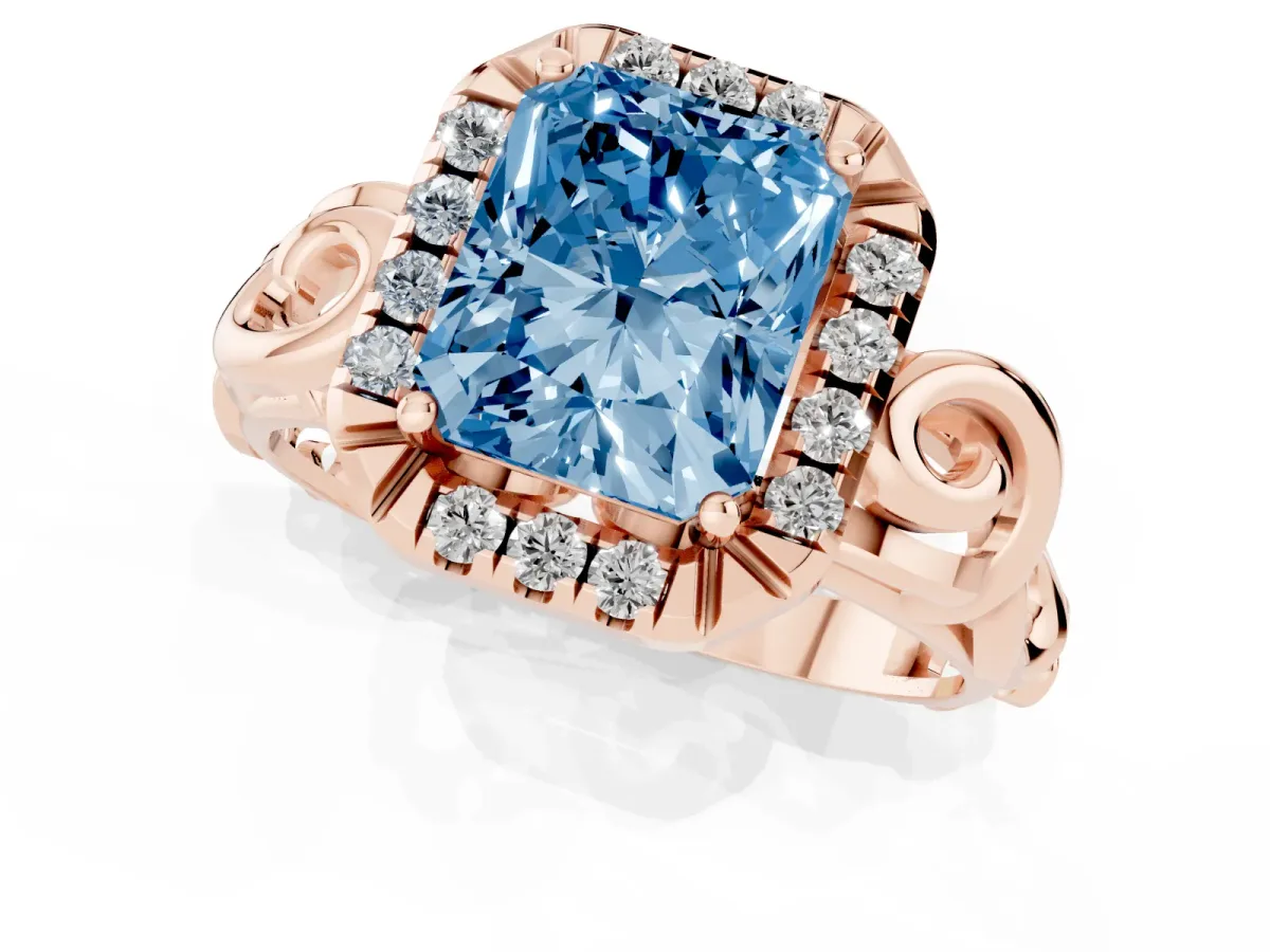 Fancy Blue Radiant Cut Cut Halo Diamond Ring with Scrollwork Band and Four-Prong Setting Rose gold