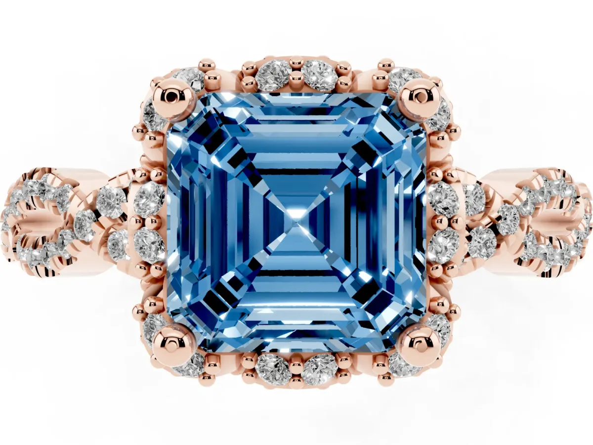 Fancy Blue Asscher Cut Halo Twist Band Solitaire Ring with Six-Prong Setting Rose gold