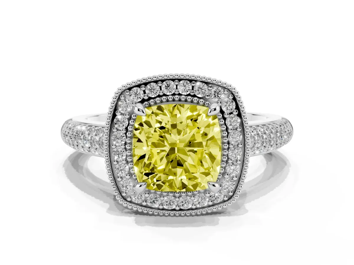 Fancy Yellow Cushion Cut Cut Halo Diamond Pave Band with Four-Prong Setting Platinum