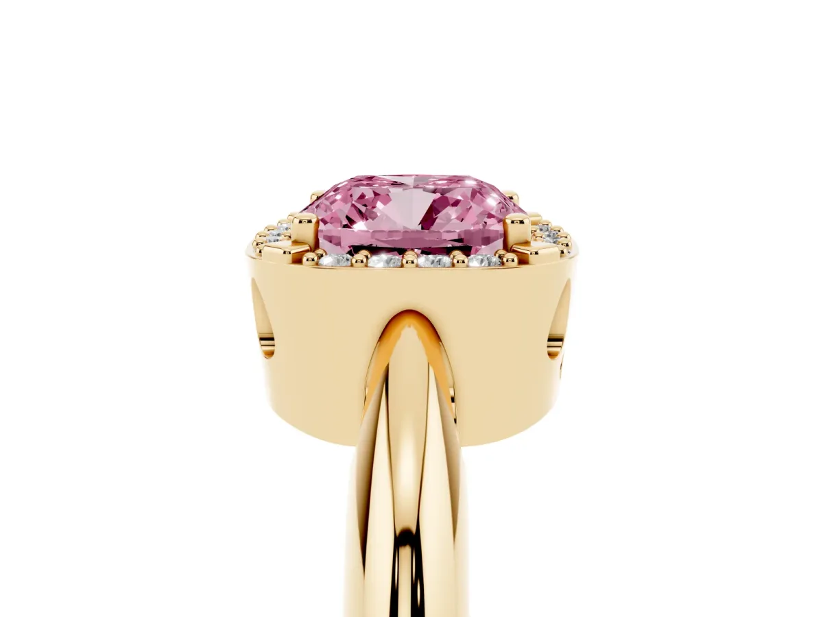 Fancy Pink Cushion Cut Cut Diamond Halo Engagement Ring with Split Shank and Four-Prong Setting Yellow gold