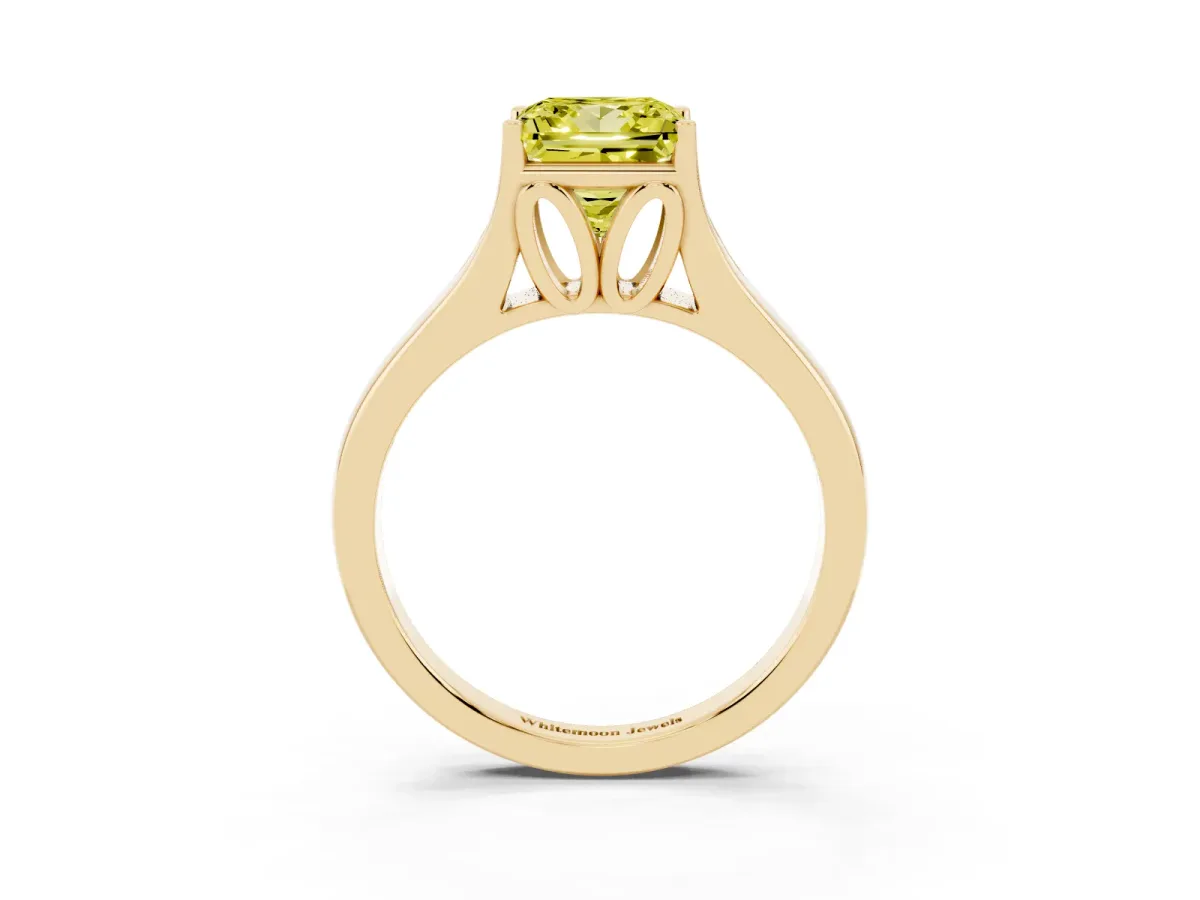 Fancy Yellow Princess Cut Solitaire Diamond Ring with Cathedral Band and Four-Prong Setting Yellow gold