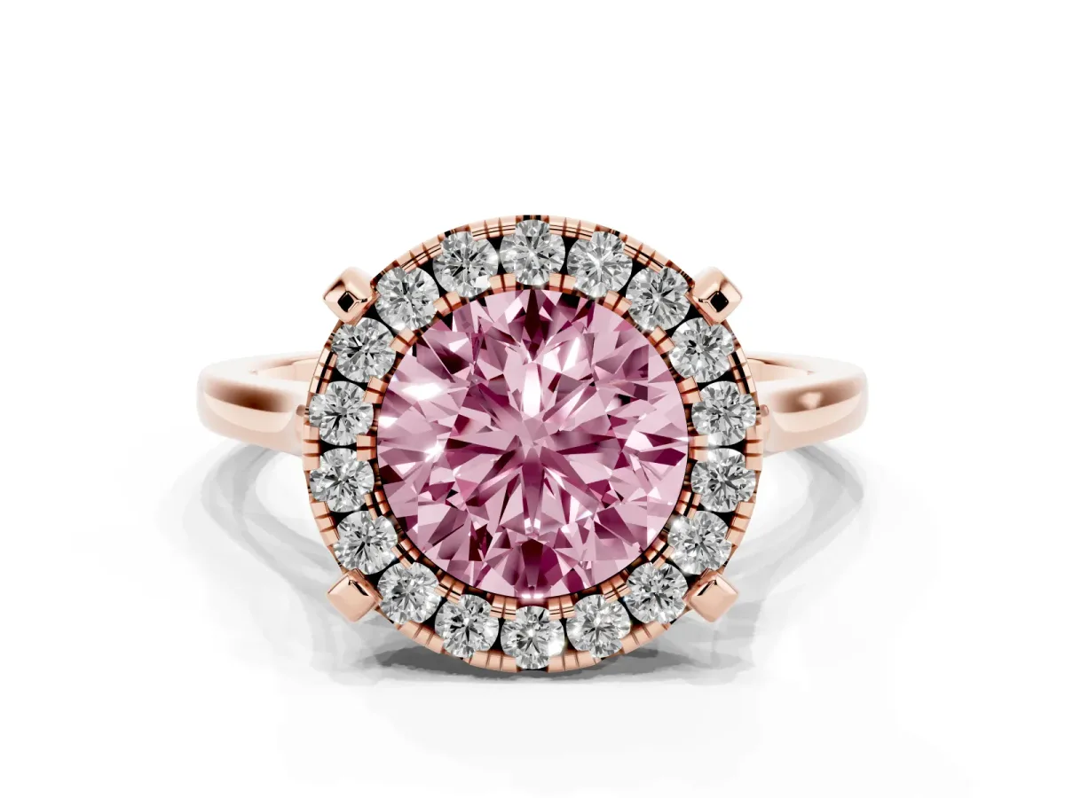 Fancy Pink Round Cut Diamond Cluster Halo Solitaire with Four-Prong Setting Rose gold