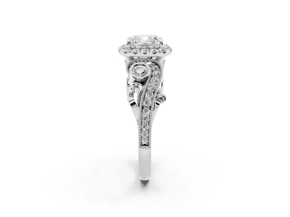 Cushion Cut Halo Diamond Ring with Milgrain and Bezel Accents on a Split Shank Band Platinum