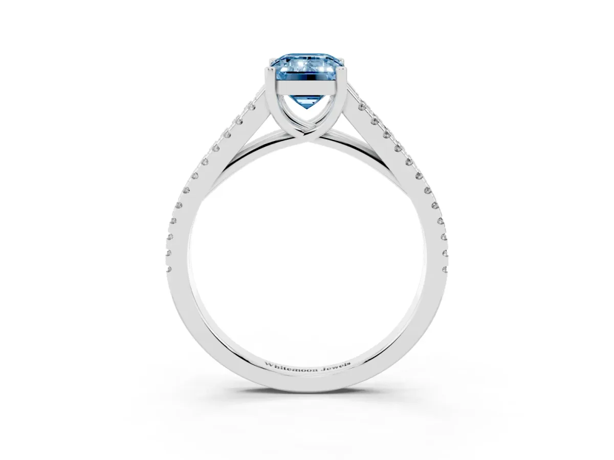 Fancy Blue Emerald Cut Diamond Solitaire Engagement Ring with Split Shank Pavé Band Platinum