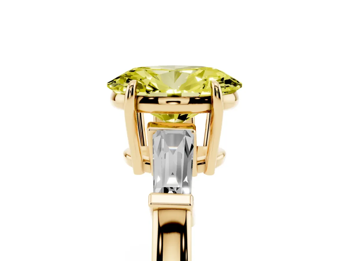 Fancy Yellow Oval Cut Diamond Three-Stone Ring with Tapered Baguette Side Stones and Prong Setting Yellow gold