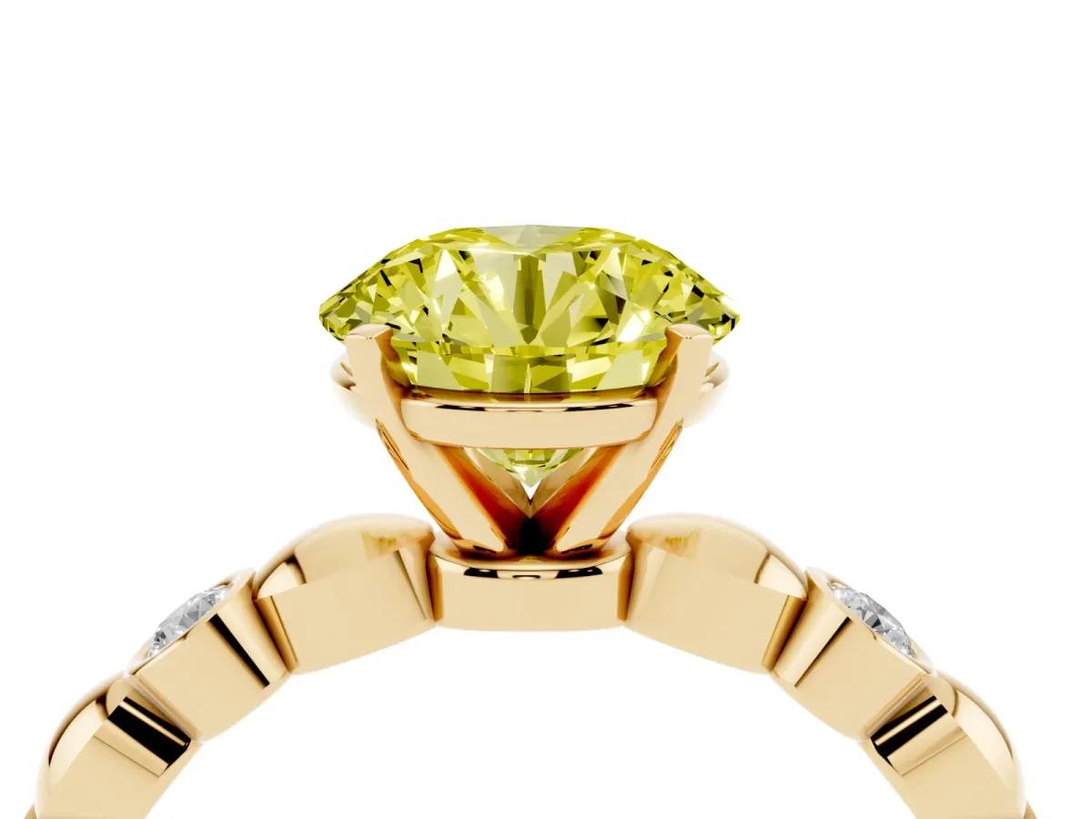 Fancy Yellow Round Cut Solitaire Bezel-Set Diamond Ring with Beaded Band and Four-Prong Setting Yellow gold