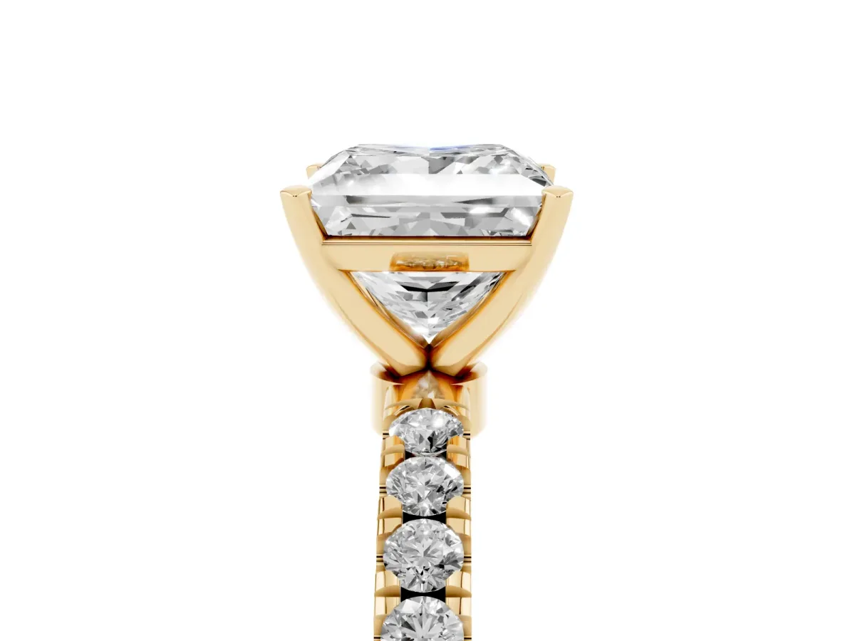 Princess Cut Diamond Solitaire Ring with Pavé Accents and Four-Prong Setting Yellow gold