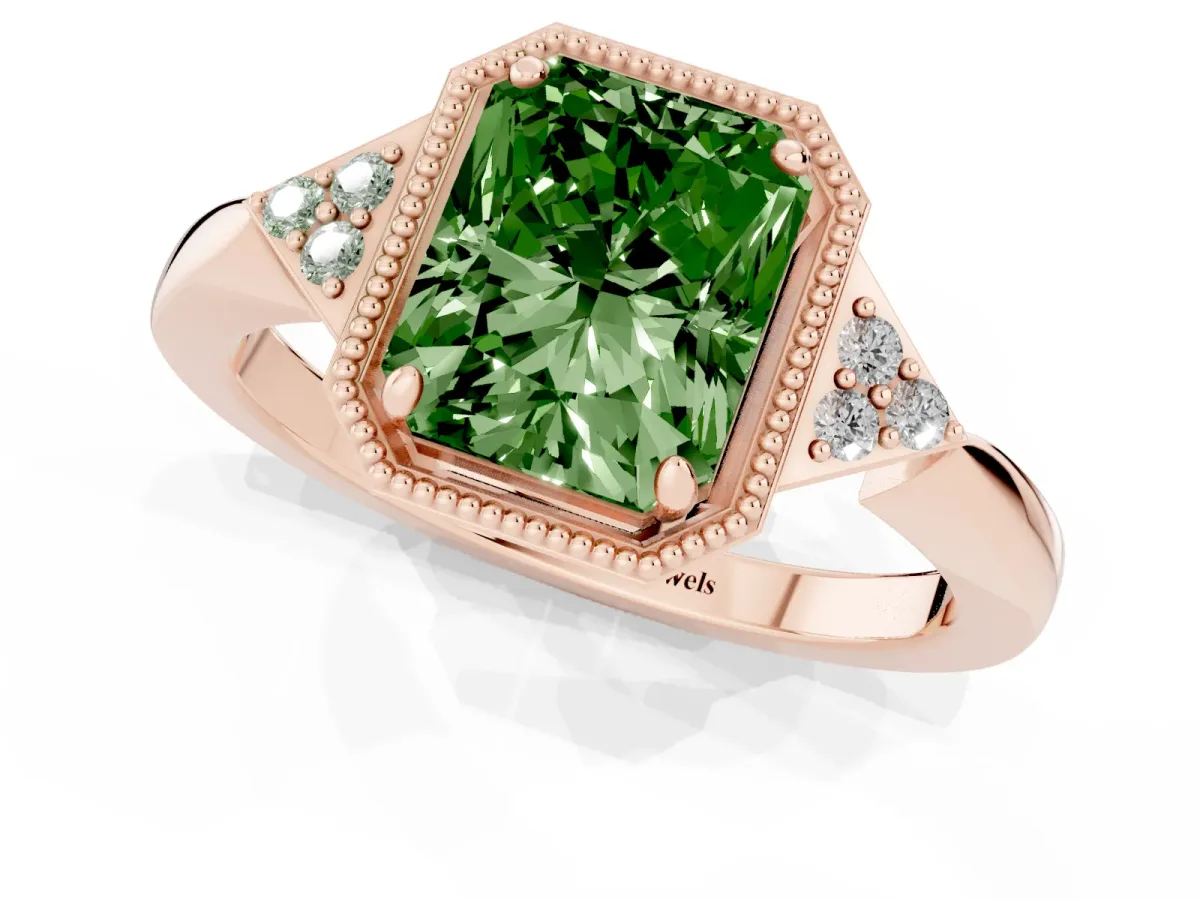 Fancy Green Radiant Cut Diamond Halo Ring with Tapered Band and Four-Prong Setting Rose gold