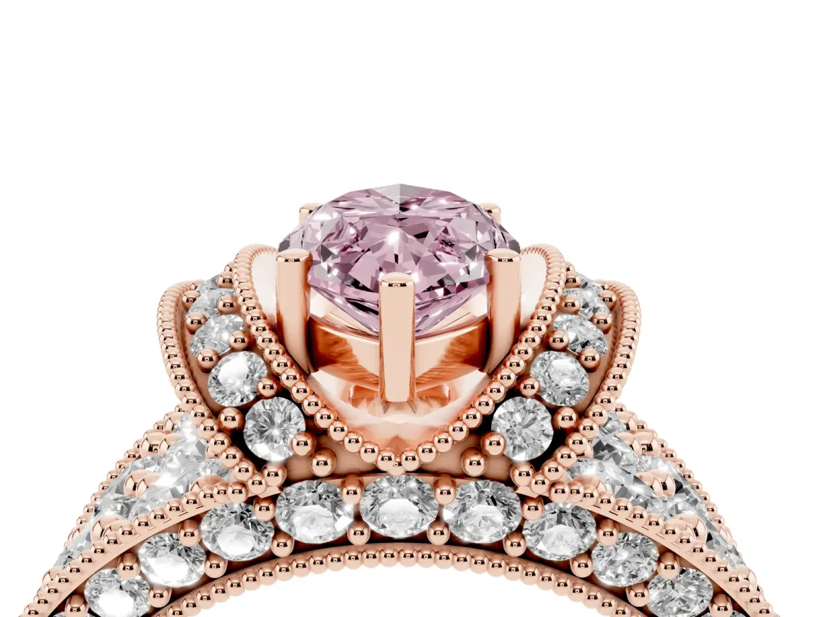Fancy Pink Marquise Cut Halo Pave Diamond Engagement Ring with Milgrain Detailing Rose gold