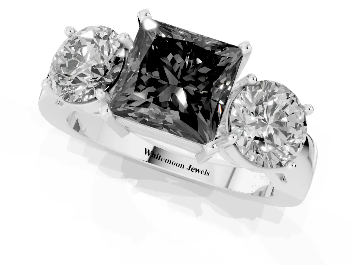 Fancy Black Three-Stone Princess Cut Diamond Ring with Round Side Stones, Classic Band, and Four-Prong Setting Platinum
