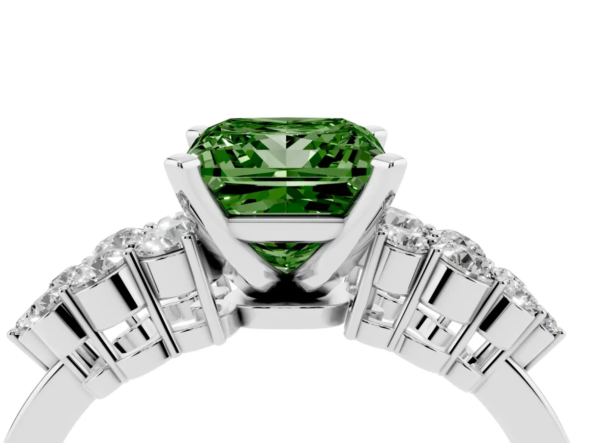 Fancy Green Princess Cut Cluster Diamond Engagement Ring with Pavé Band and Four-Prong Setting Platinum