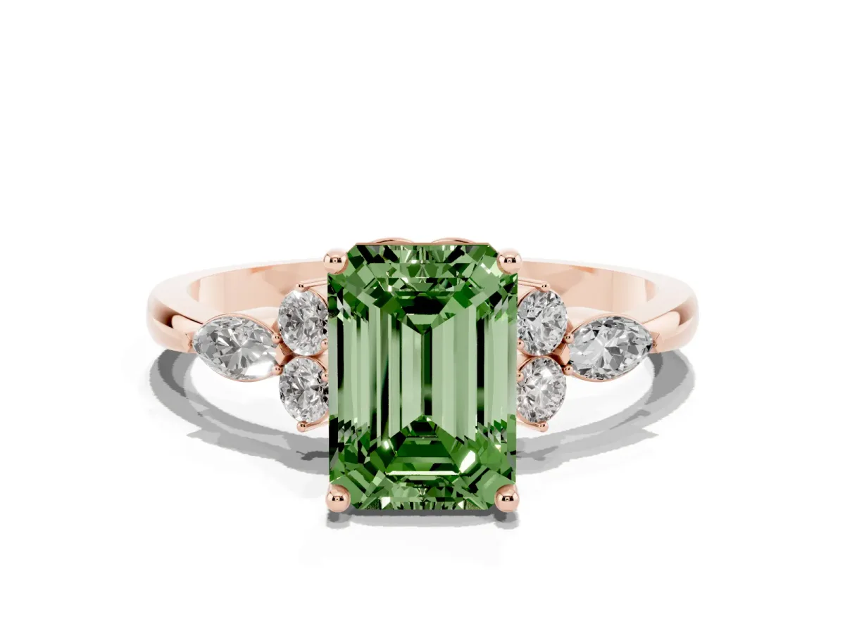 Fancy Green Emerald Cut Brilliant Diamond Solitaire Ring with Pear Side Stones and Four-Prong Setting Rose gold