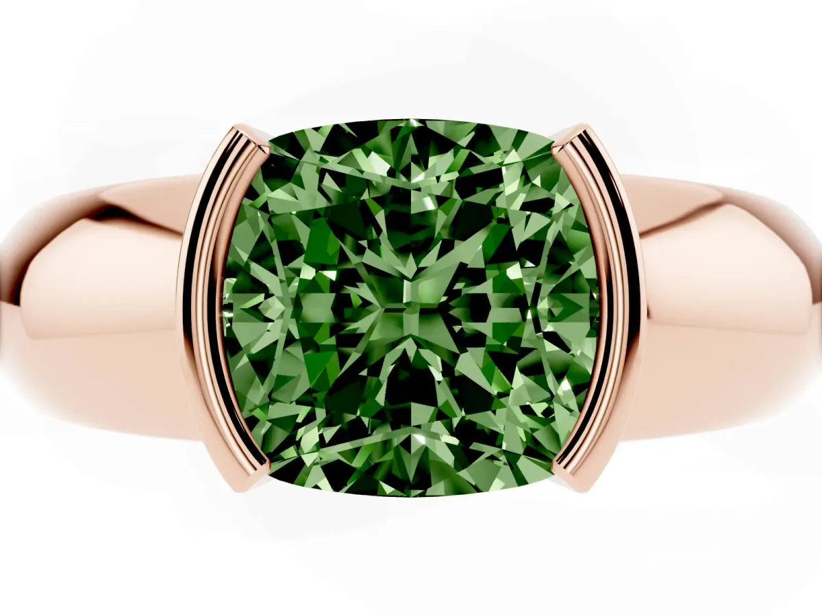 Fancy Green Cushion Cut Solitaire Tension Set Diamond Ring with Wide Band Rose gold