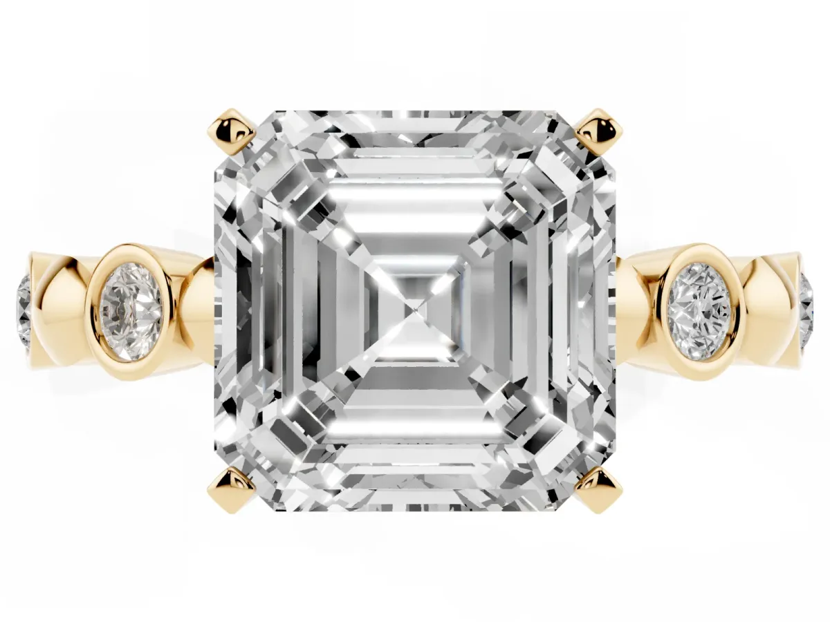 Asscher Cut Solitaire Bezel-Set Diamond Ring with Beaded Band and Four-Prong Setting Yellow gold