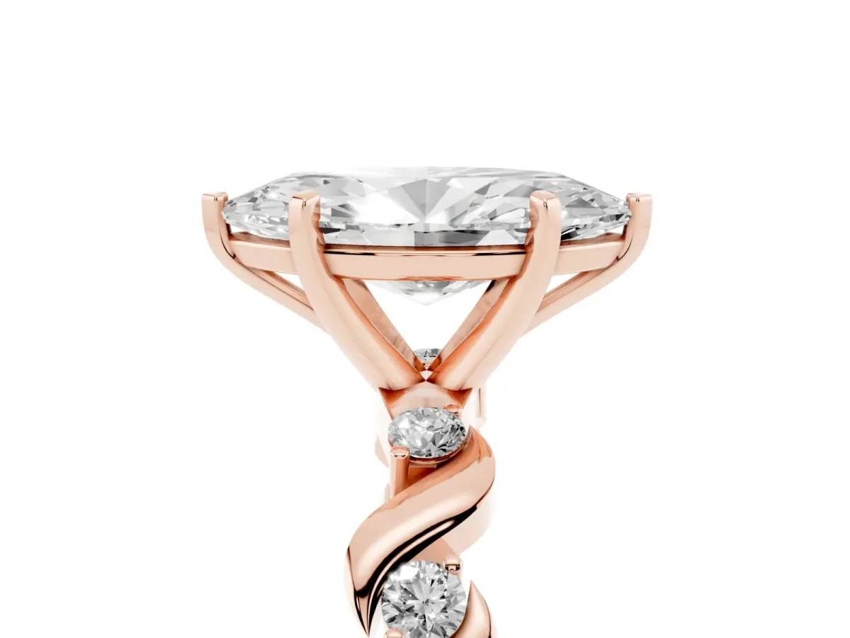 Marquise Cut Diamond Solitaire Twisted Band with Round Accents and Prong Setting Rose gold