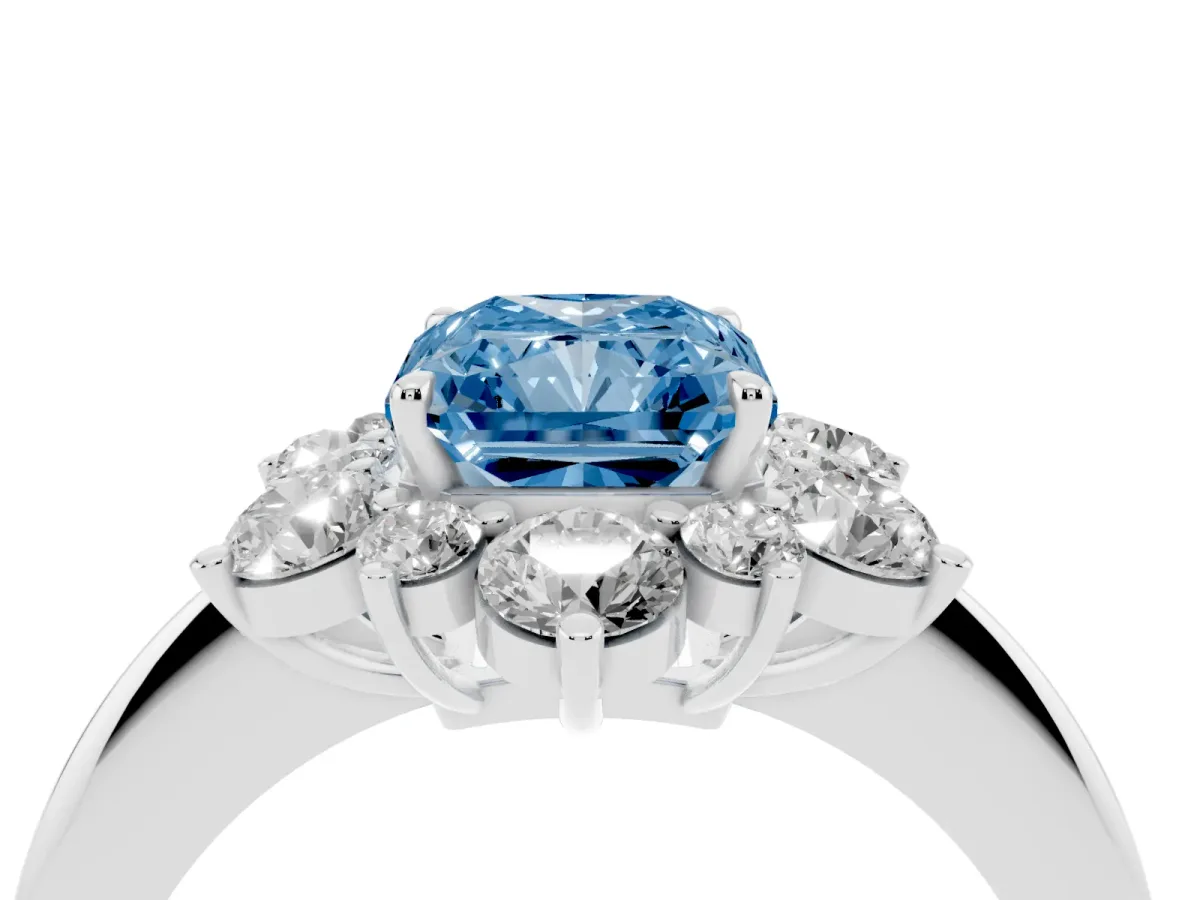 Fancy Blue Radiant Cut Diamond Cluster Halo Ring with Solitaire Band and Four-Prong Setting White gold