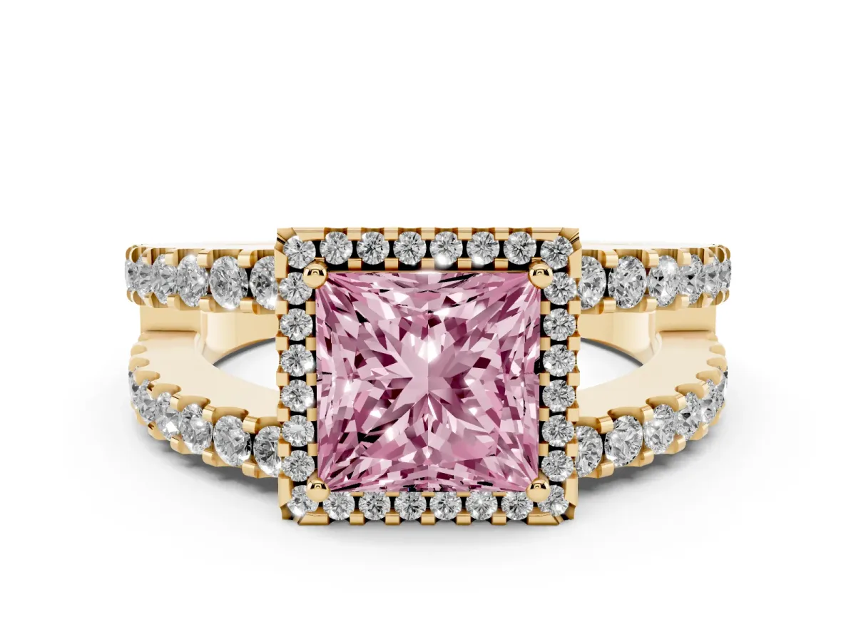 Fancy Pink Princess Cut Cut Halo Split Shank Diamond Ring with Four-Prong Setting Yellow gold
