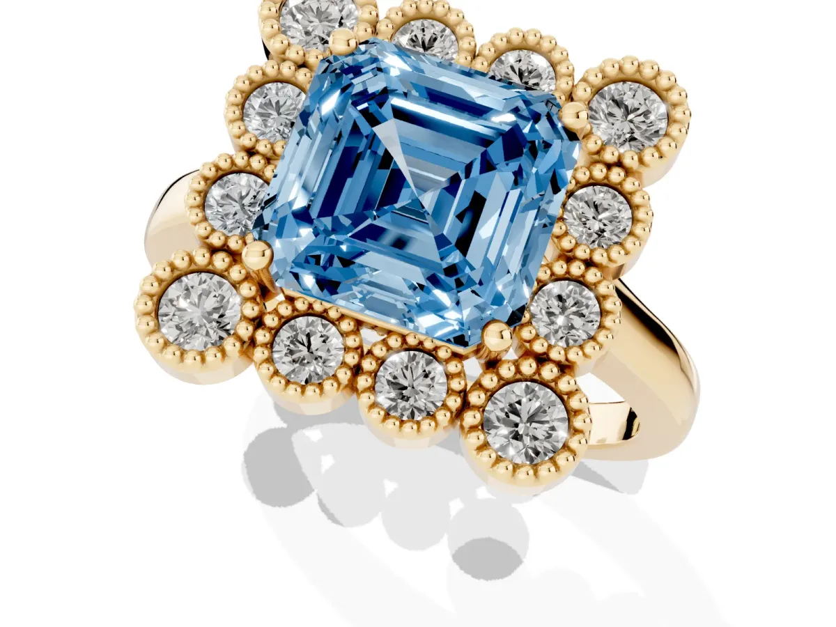 Fancy Blue Asscher Cut Halo Diamond Cluster Engagement Ring with Milgrain Bezel Setting and Solitaire Band Yellow gold