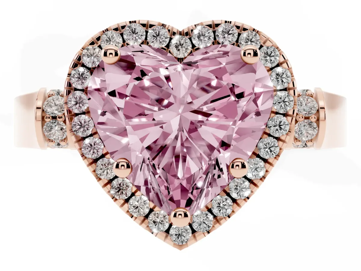 Fancy Pink Heart Cut Halo Round Diamond Twist Band with Four-Prong Setting Rose gold