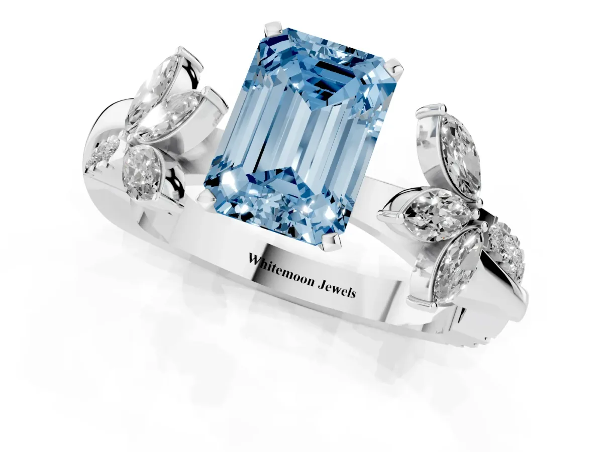 Fancy Blue Emerald Cut Diamond Floral Vine Solitaire Engagement Ring Platinum