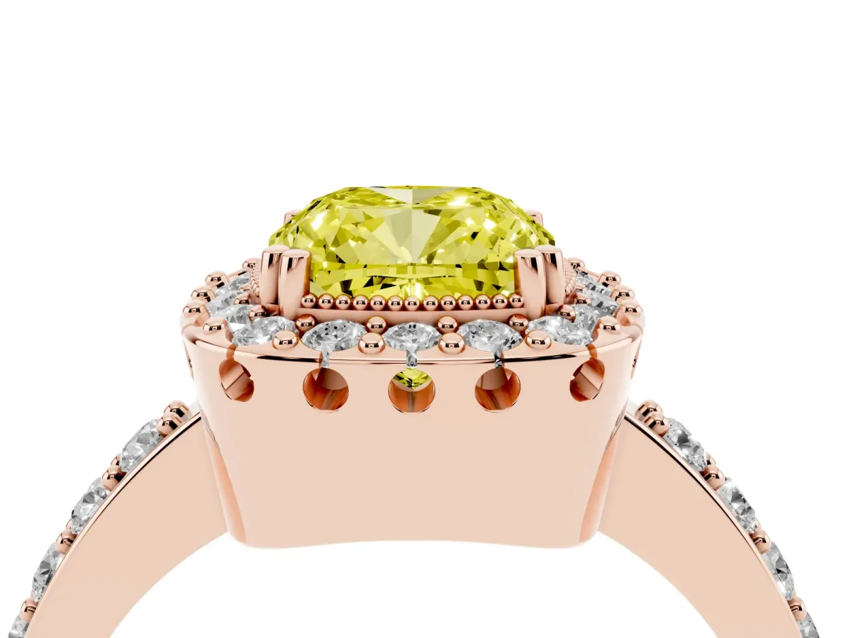 Fancy Yellow Cushion Cut Diamond Halo Ring with Pavé Band and Prong Setting Rose gold