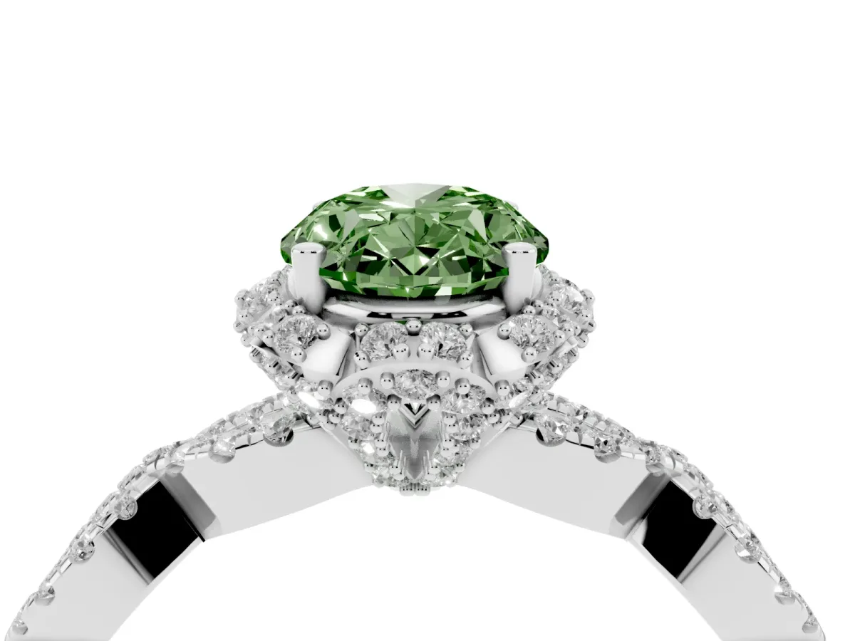 Fancy Green Oval Cut Halo Twist Band Solitaire Ring with Six-Prong Setting Silver