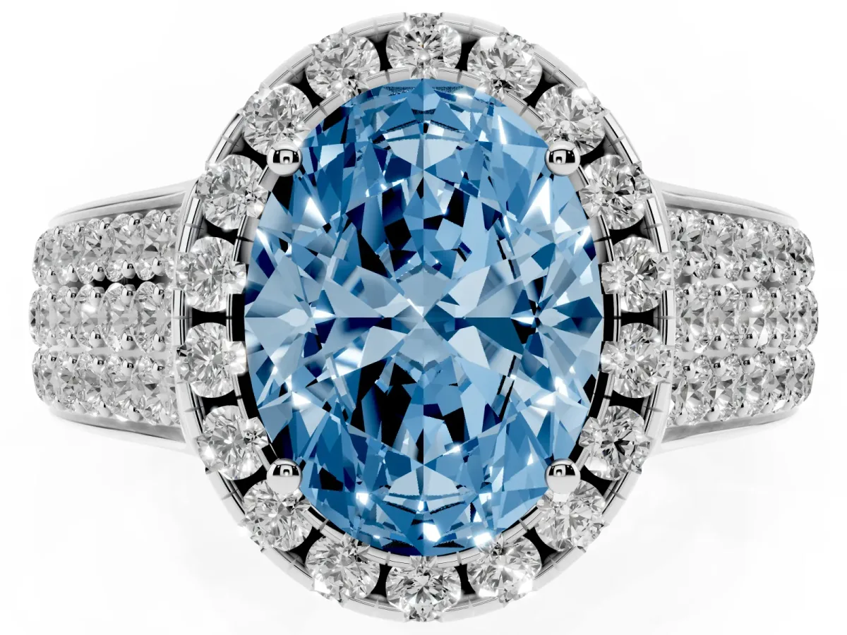Fancy Blue Oval Cut Halo Round Diamond Pave Band with Prong Setting White gold