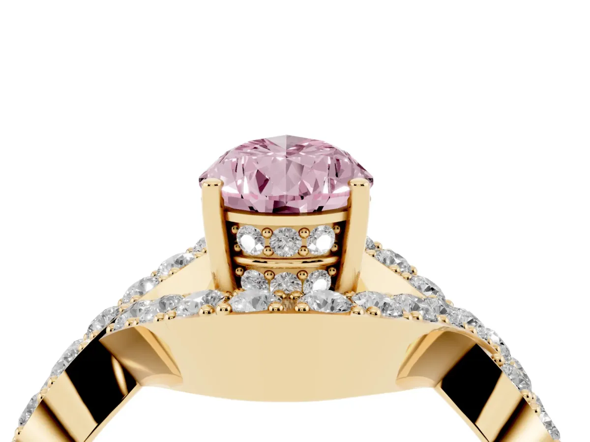 Fancy Pink Pear Cut Solitaire Twist Band Pavé Diamond Engagement Ring Yellow gold