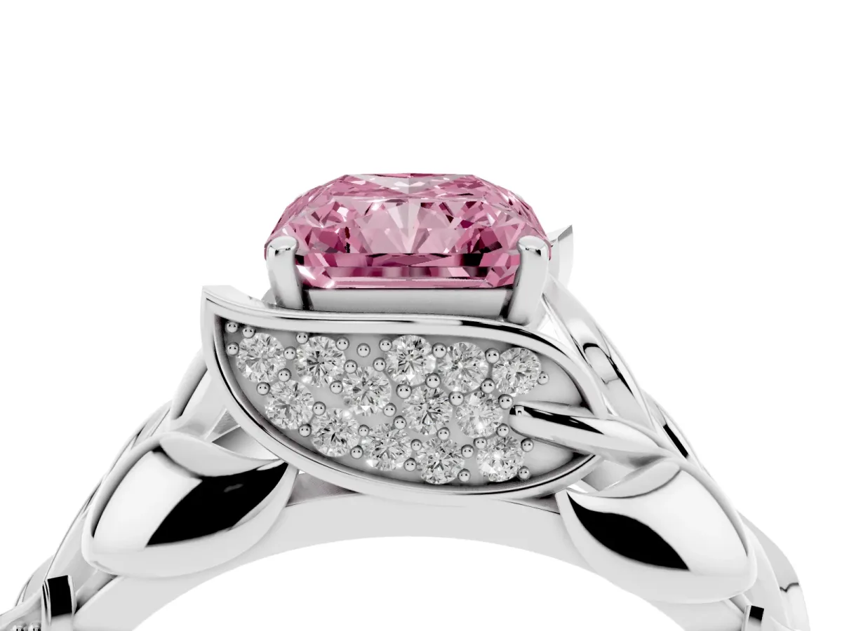 Fancy Pink Radiant Cut Diamond Leaf-Inspired Engagement Ring with Round Accents and Prong Setting Silver